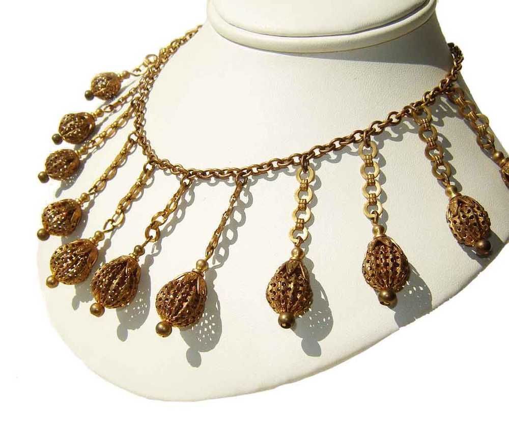 Vintage 30s Bib Necklace Egyptian Revival Brass F… - image 1