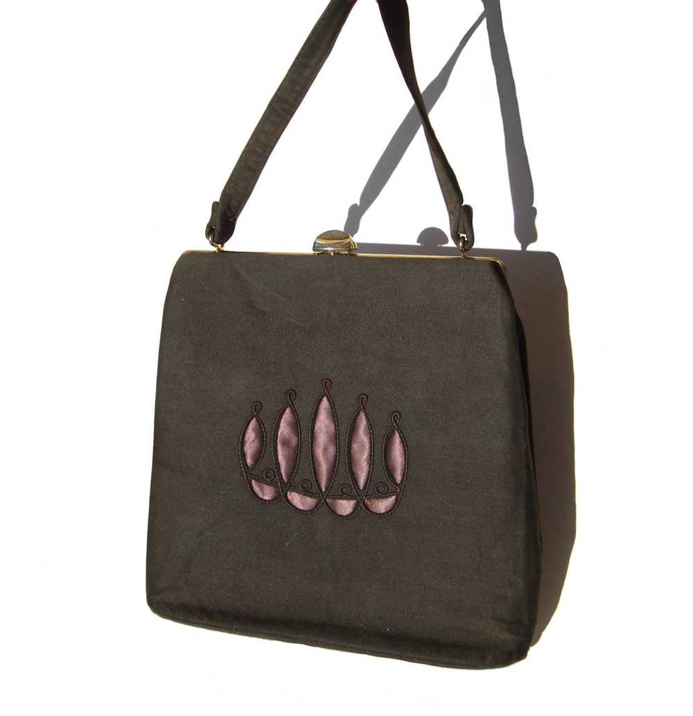 Vintage Modernist Handbag Brown Satin Trim Purse - image 1