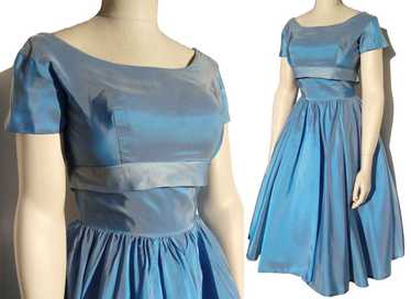 Vintage 50s Party Dress Blue Taffeta Cocktail Dre… - image 1