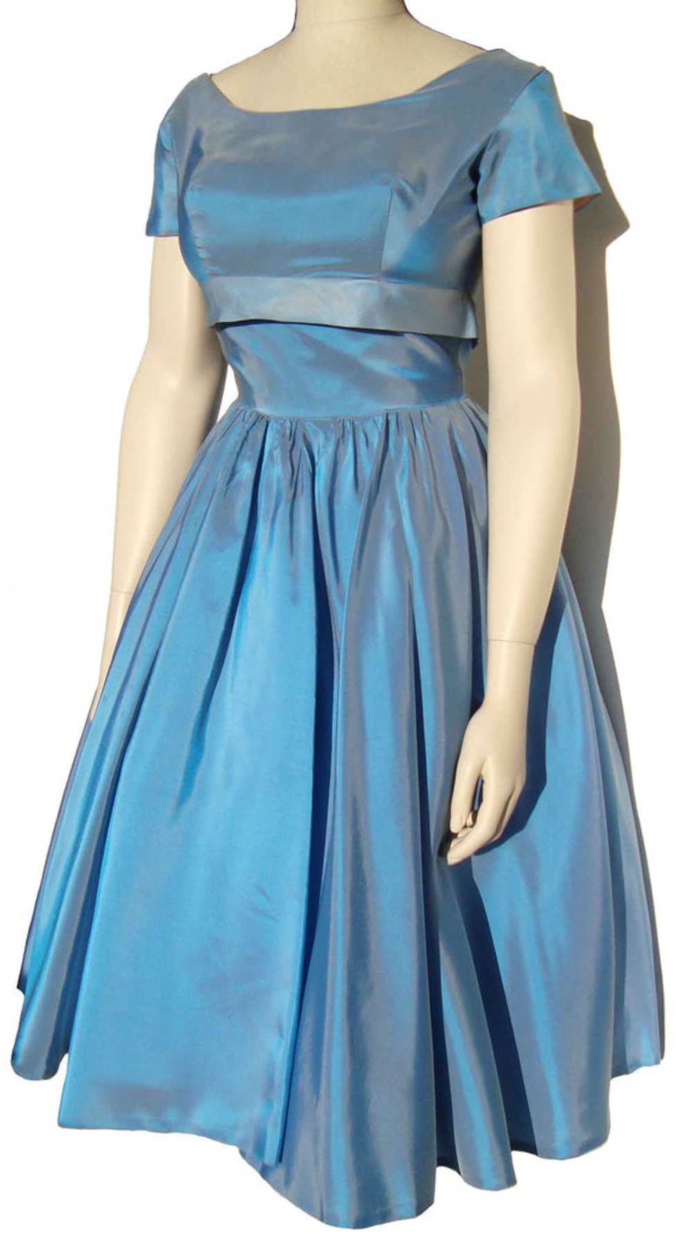 Vintage 50s Party Dress Blue Taffeta Cocktail Dre… - image 2