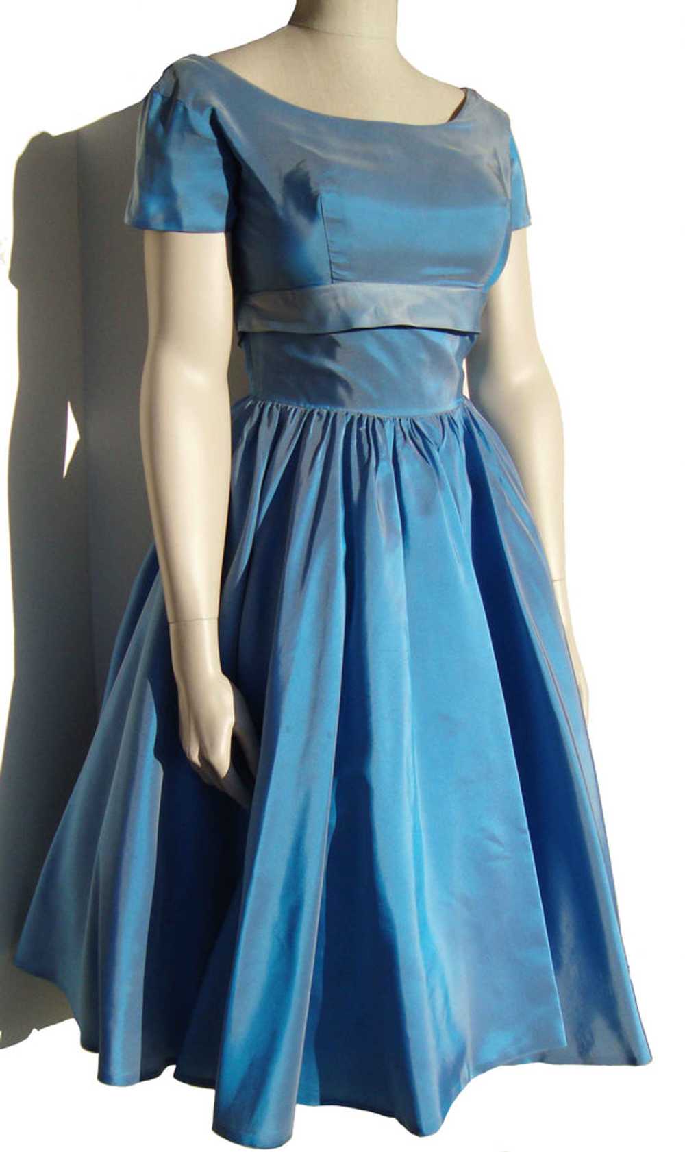Vintage 50s Party Dress Blue Taffeta Cocktail Dre… - image 4