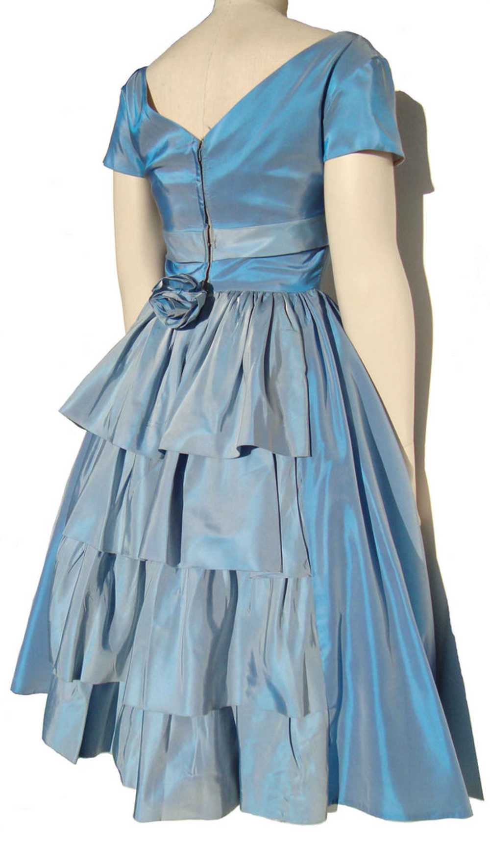 Vintage 50s Party Dress Blue Taffeta Cocktail Dre… - image 5