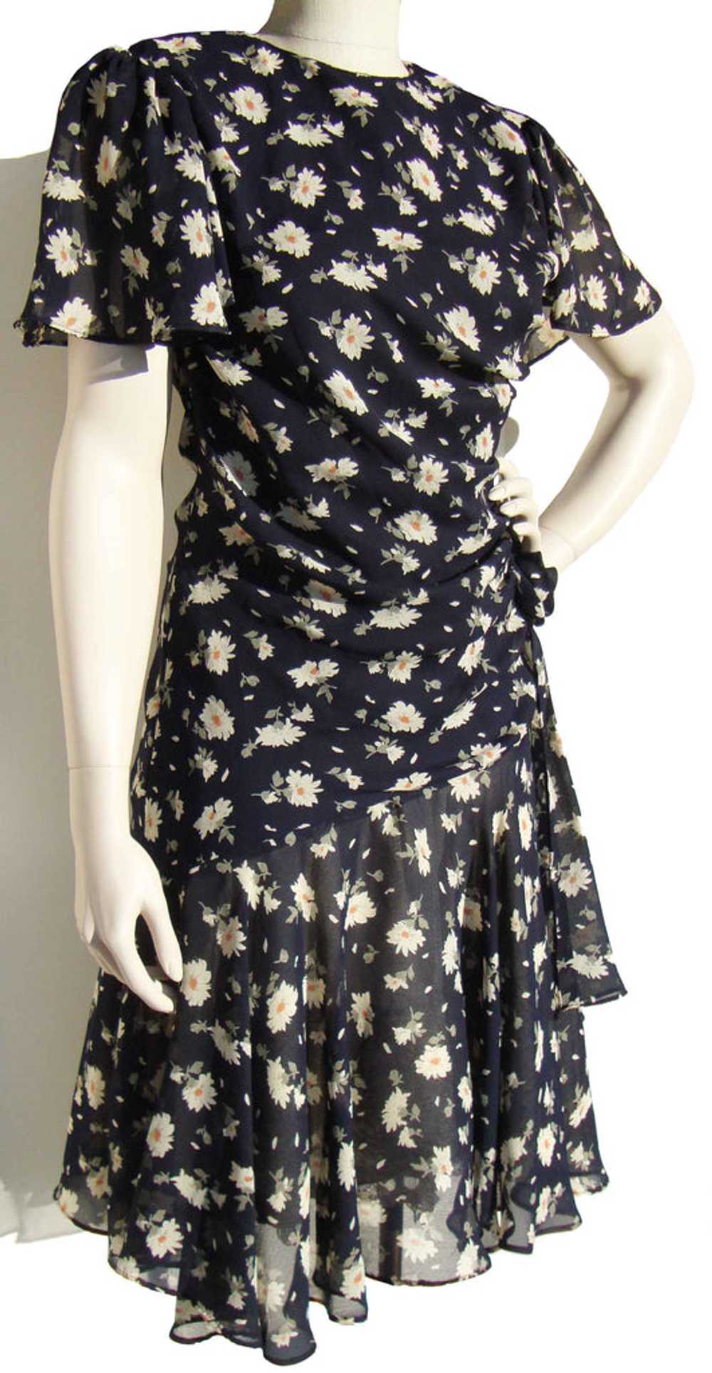 Vintage 80s Dress Floral Chiffon Peplum M - image 2
