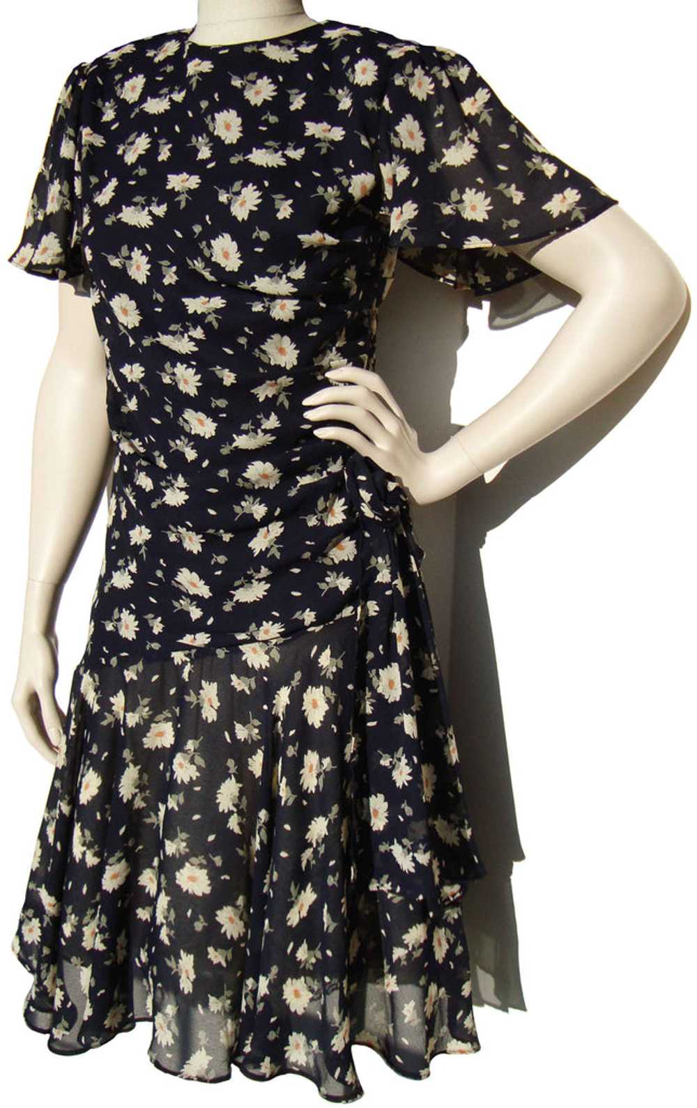 Vintage 80s Dress Floral Chiffon Peplum M - image 4