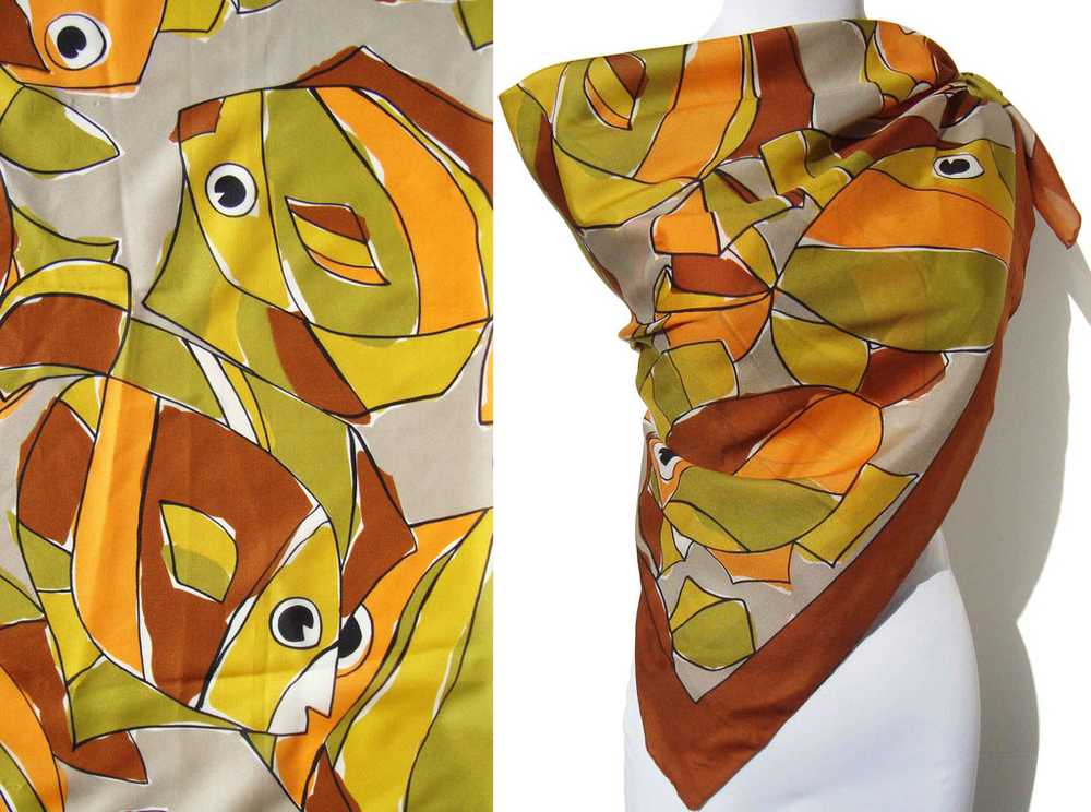 Vintage 70s Modernist Silk Scarf Abstract Fish No… - image 1
