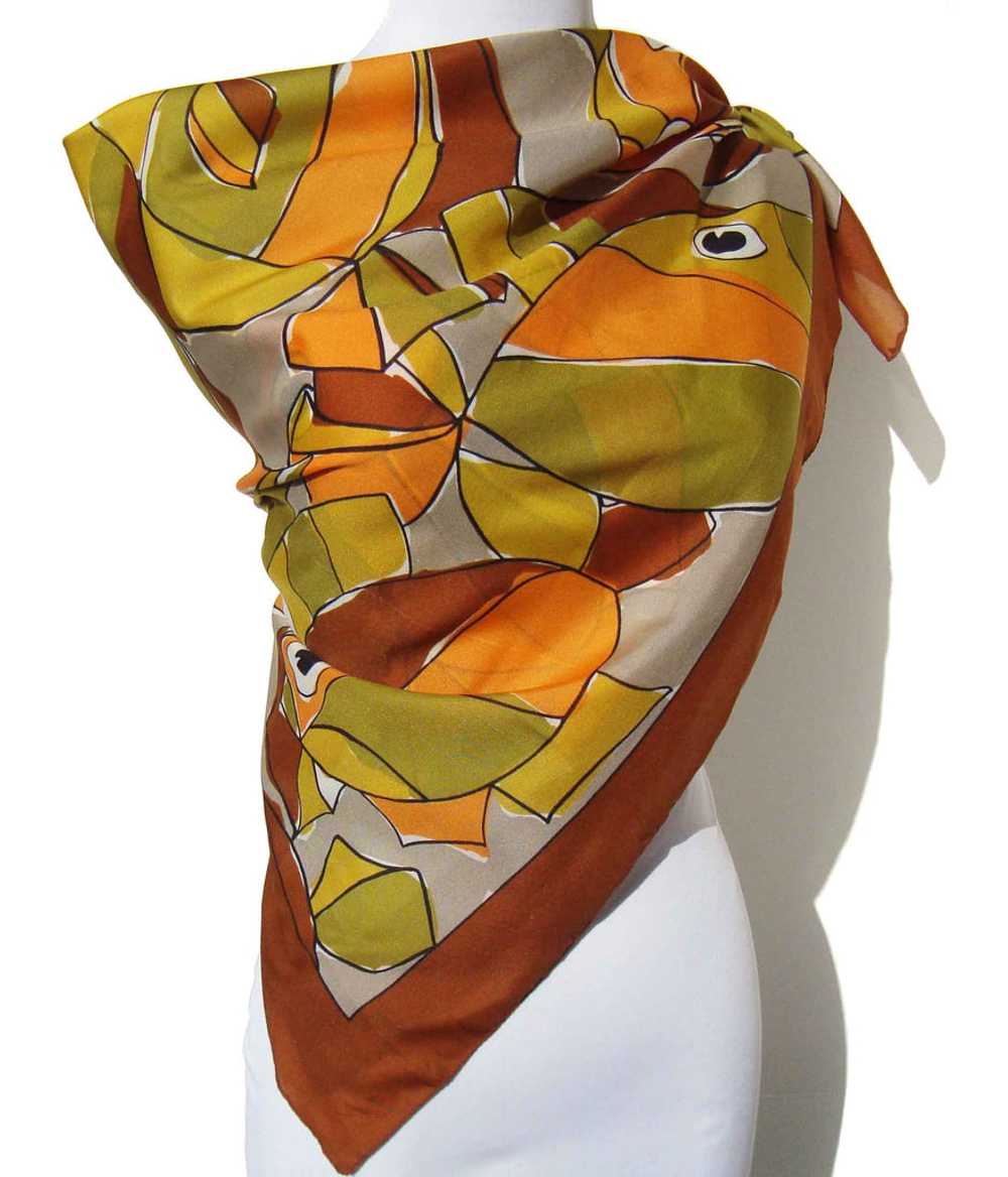 Vintage 70s Modernist Silk Scarf Abstract Fish No… - image 2