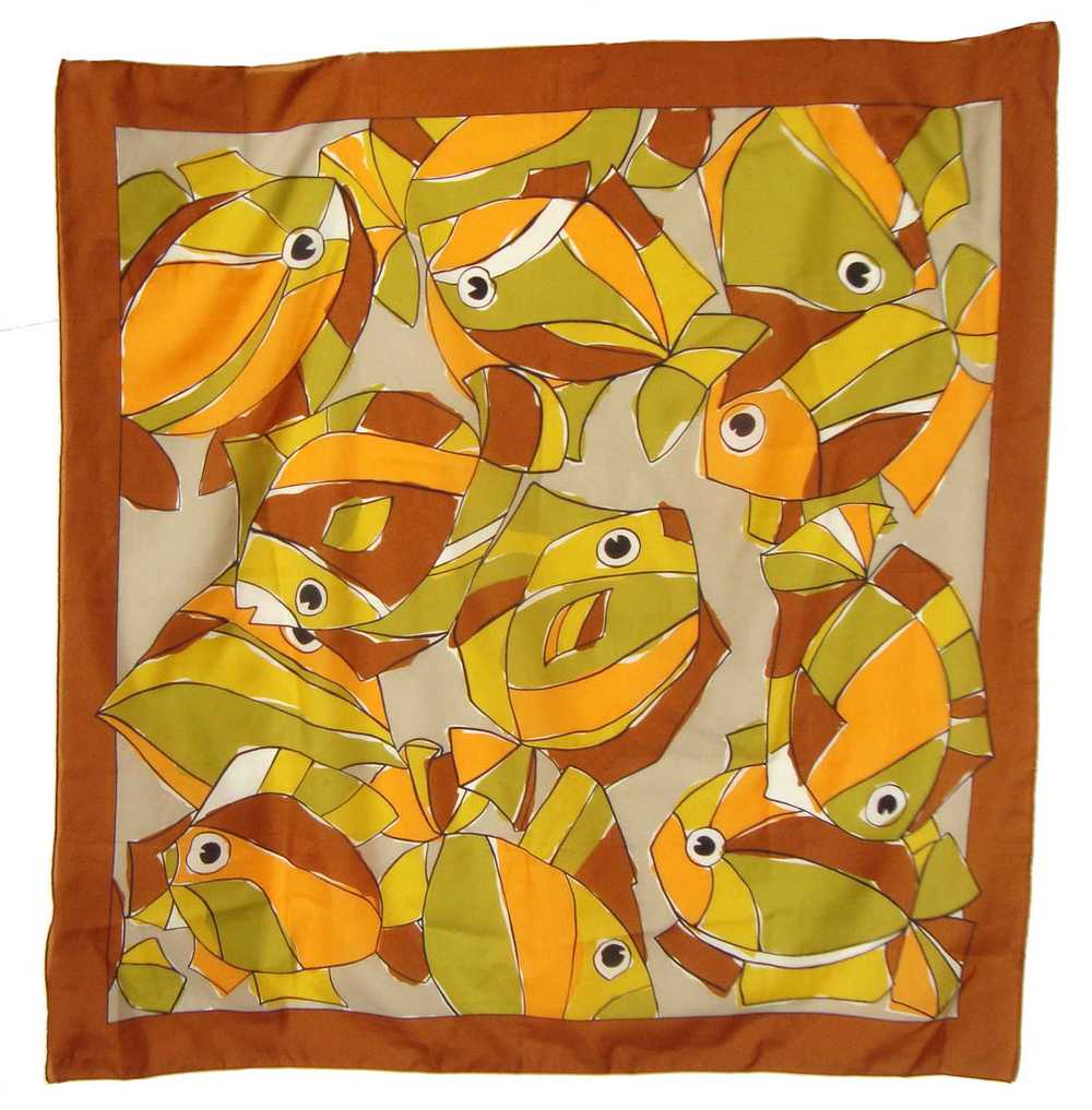 Vintage 70s Modernist Silk Scarf Abstract Fish No… - image 3