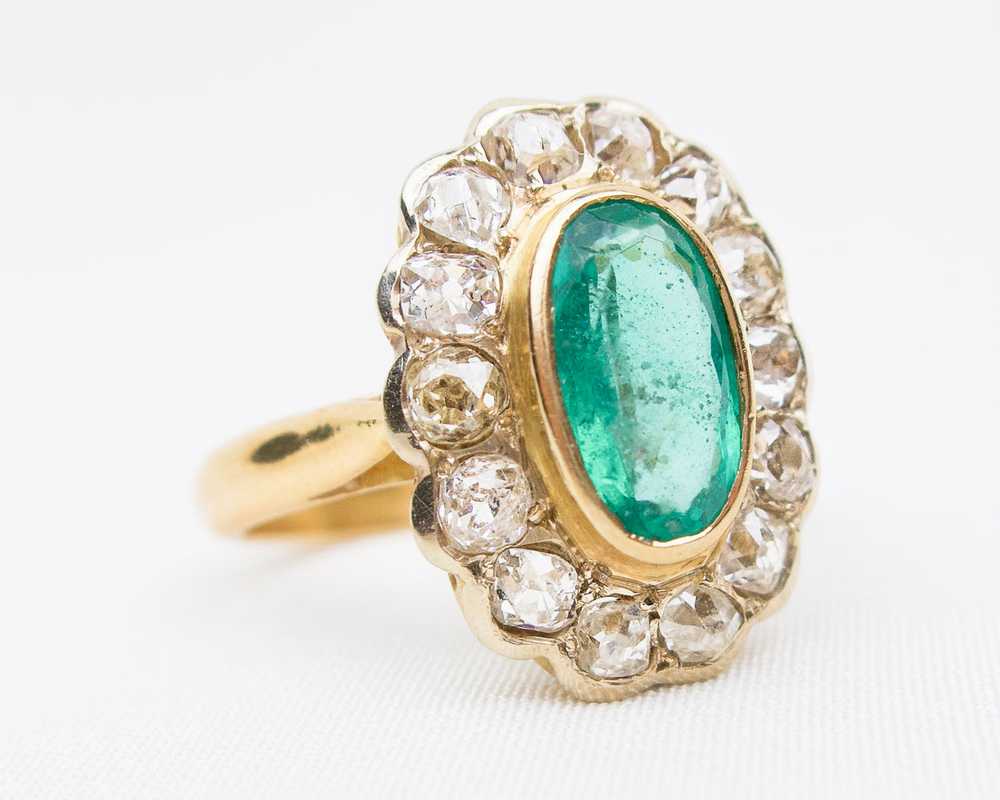 Victorian French Emerald & Diamond Halo Ring - image 1