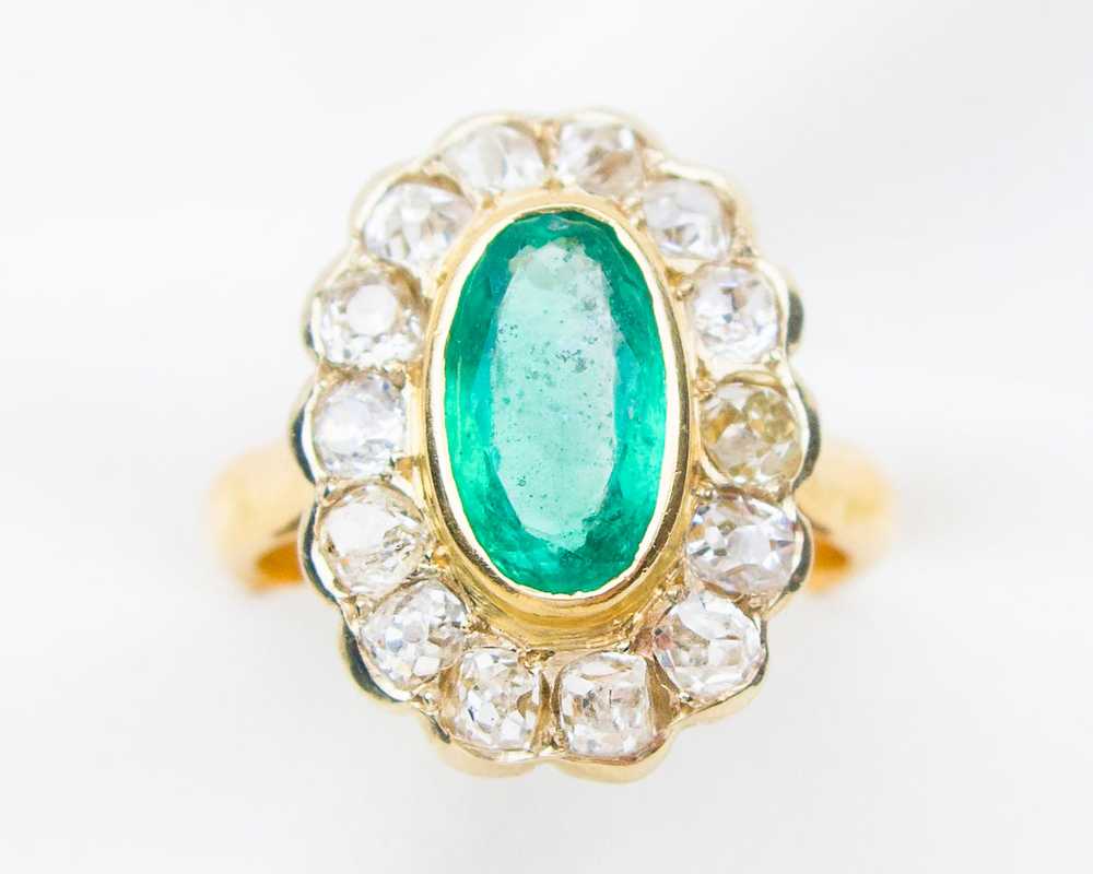 Victorian French Emerald & Diamond Halo Ring - image 2