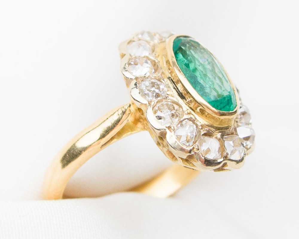 Victorian French Emerald & Diamond Halo Ring - image 3