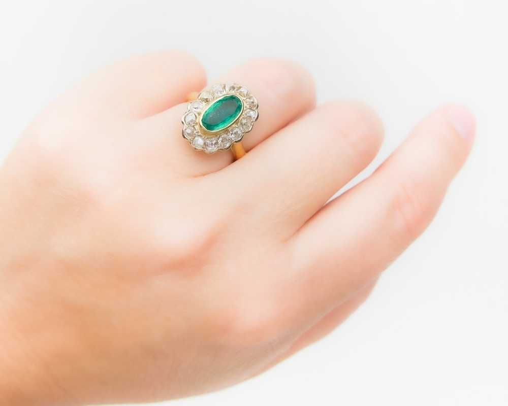 Victorian French Emerald & Diamond Halo Ring - image 5