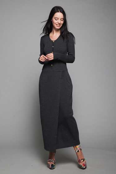 maxi knit dress gray wool ribbed long sleeves wrap