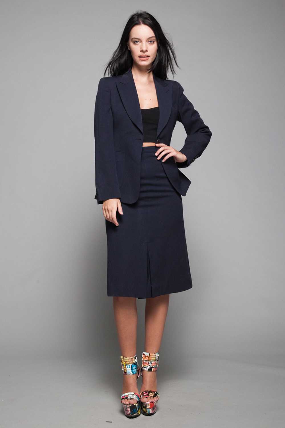 gabardine wool skirt suit navy blue slim front pl… - image 1