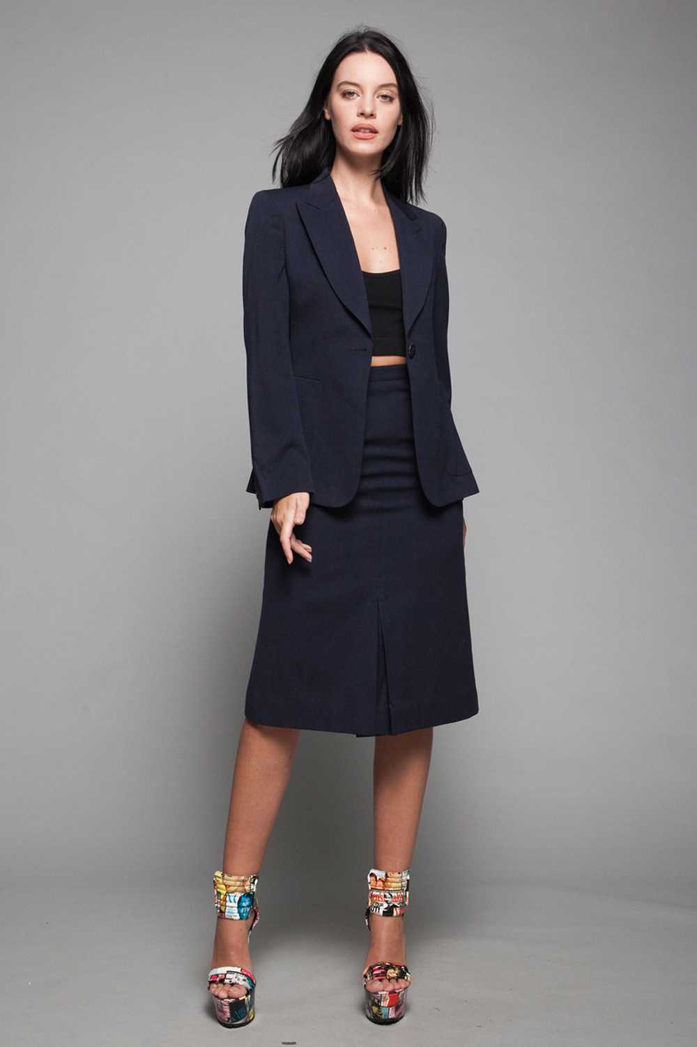 gabardine wool skirt suit navy blue slim front pl… - image 2