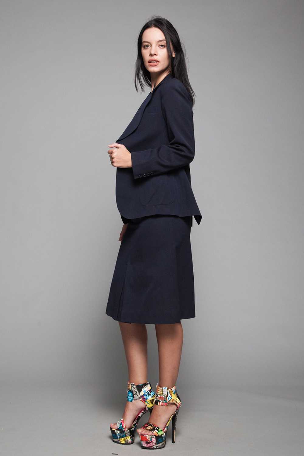 gabardine wool skirt suit navy blue slim front pl… - image 4