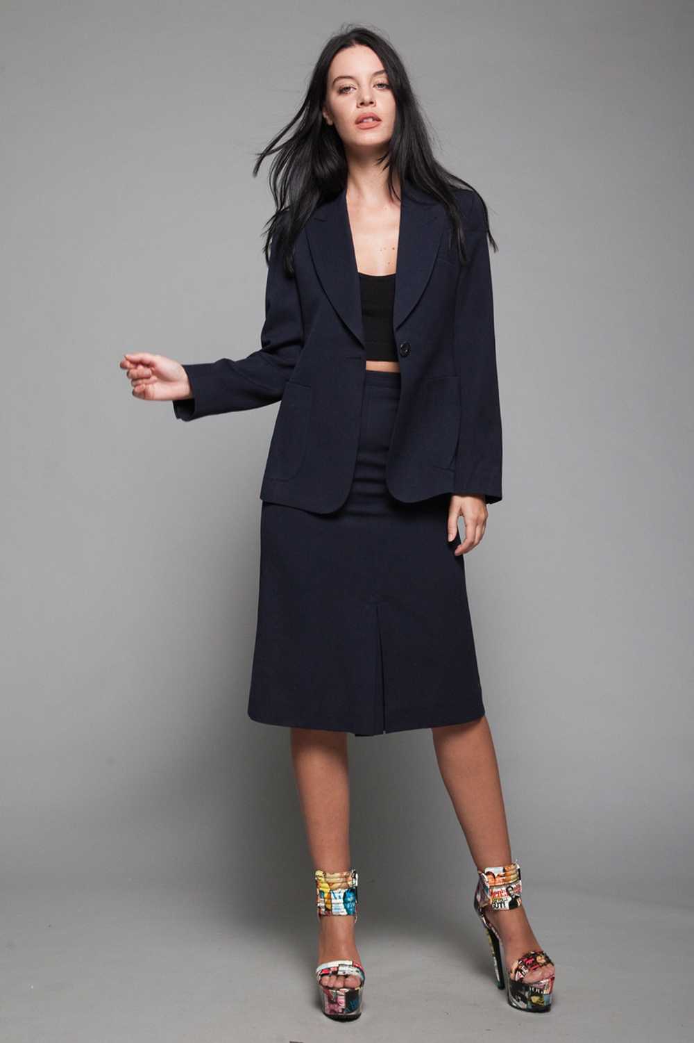 gabardine wool skirt suit navy blue slim front pl… - image 5