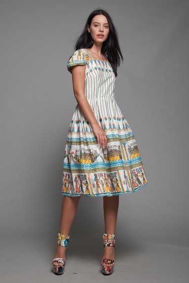 1950s novelty print cotton pleated dress Egyptian 