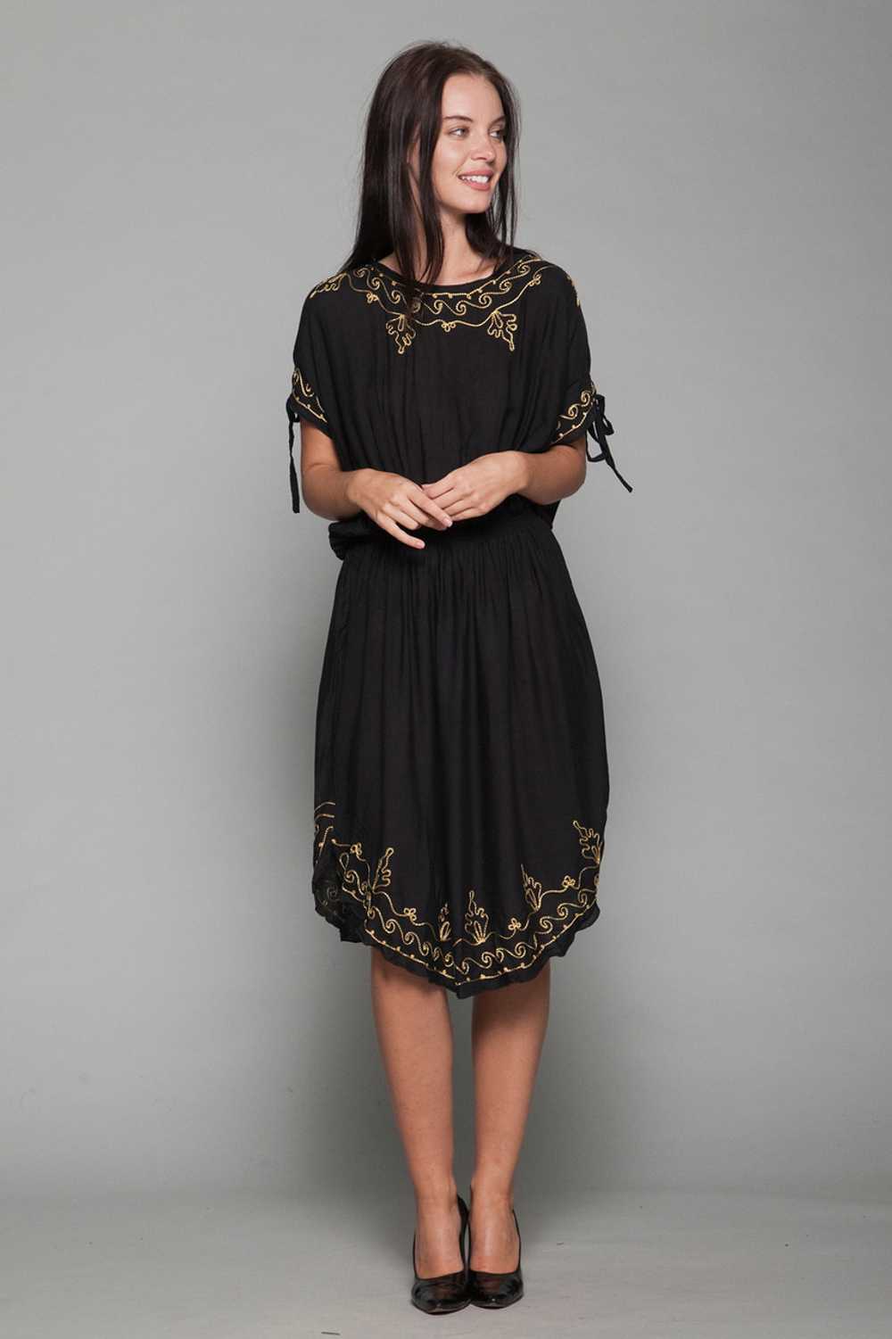 black boho dress gold embroidery slinky ONE SIZE … - image 1