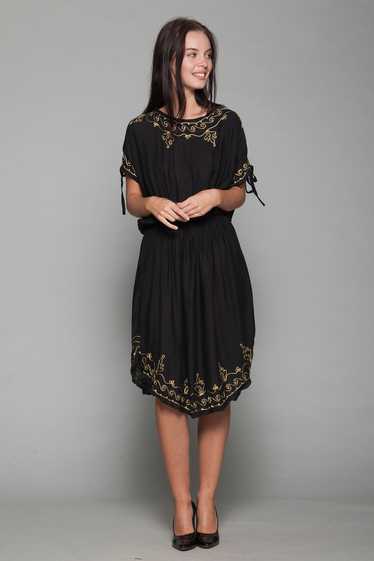 black boho dress gold embroidery slinky ONE SIZE S