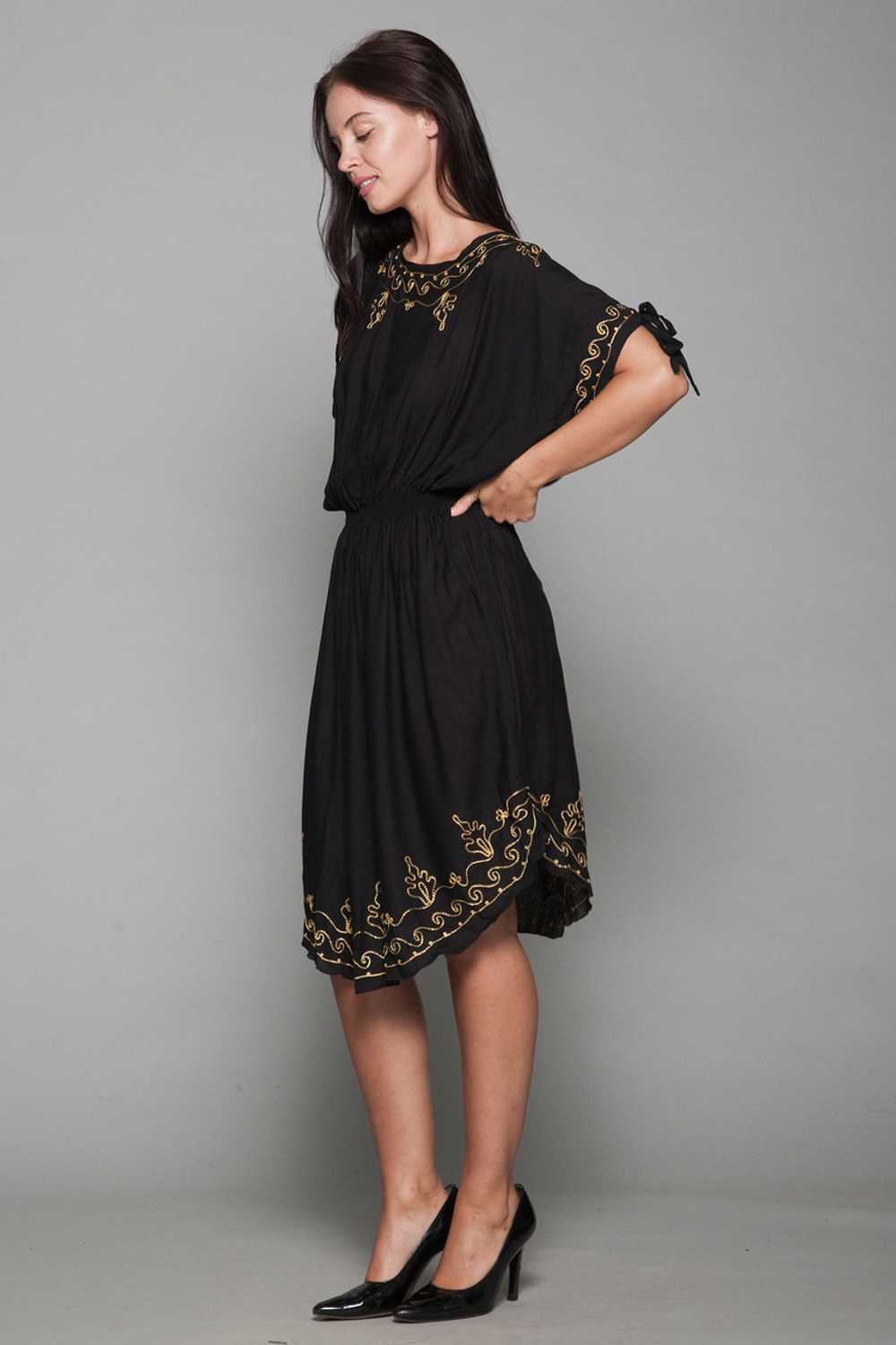 black boho dress gold embroidery slinky ONE SIZE … - image 2