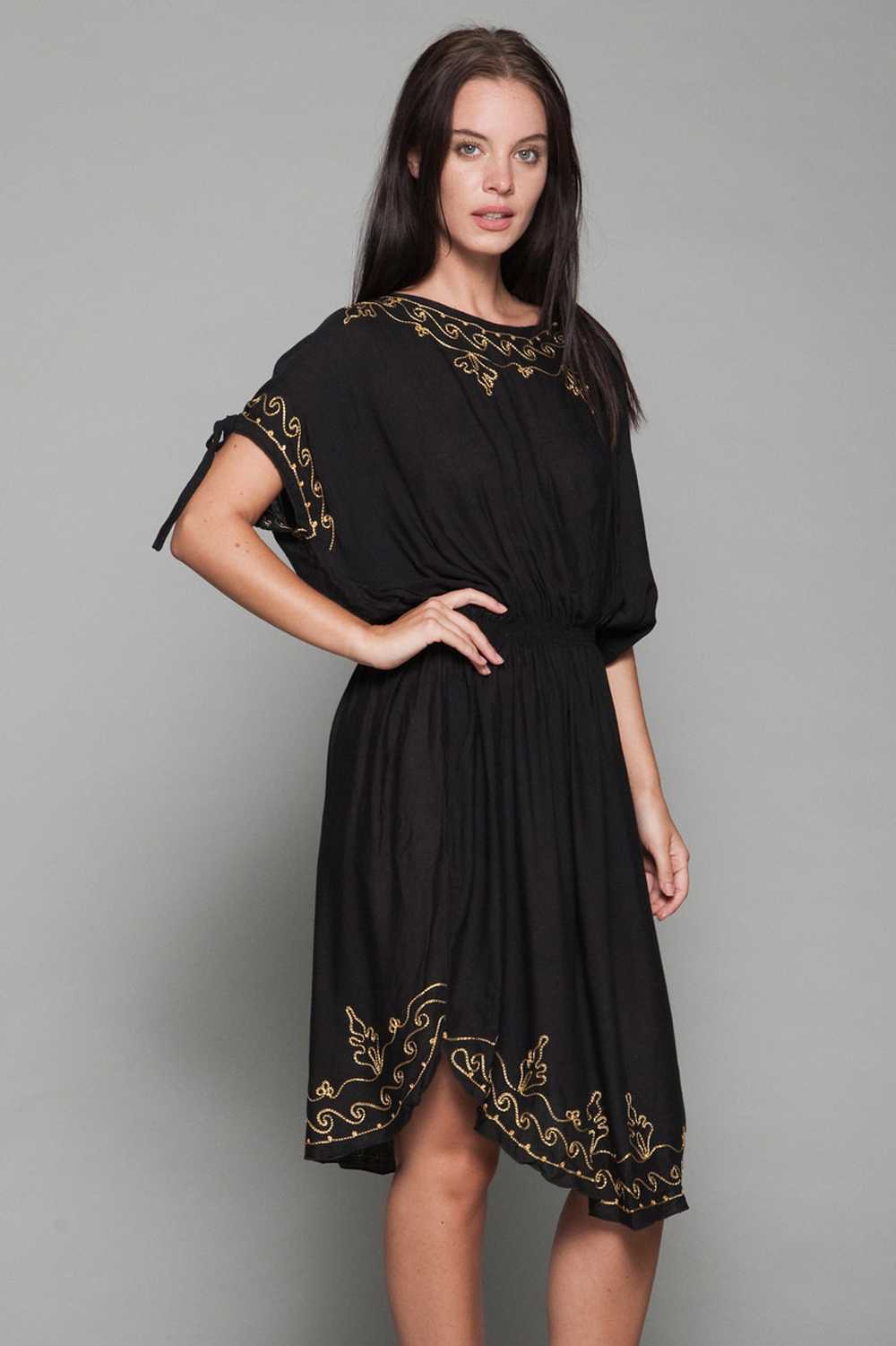 black boho dress gold embroidery slinky ONE SIZE … - image 3