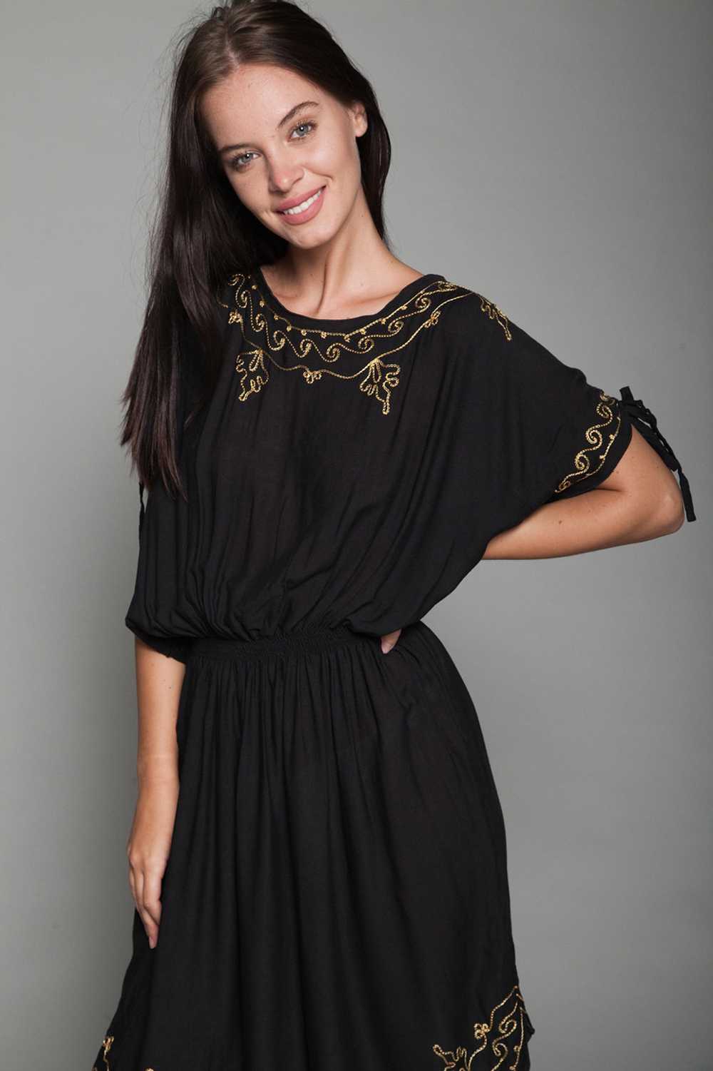 black boho dress gold embroidery slinky ONE SIZE … - image 4