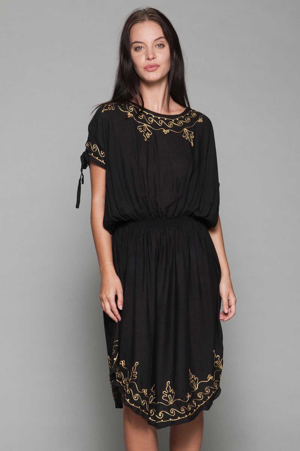 black boho dress gold embroidery slinky ONE SIZE … - image 5