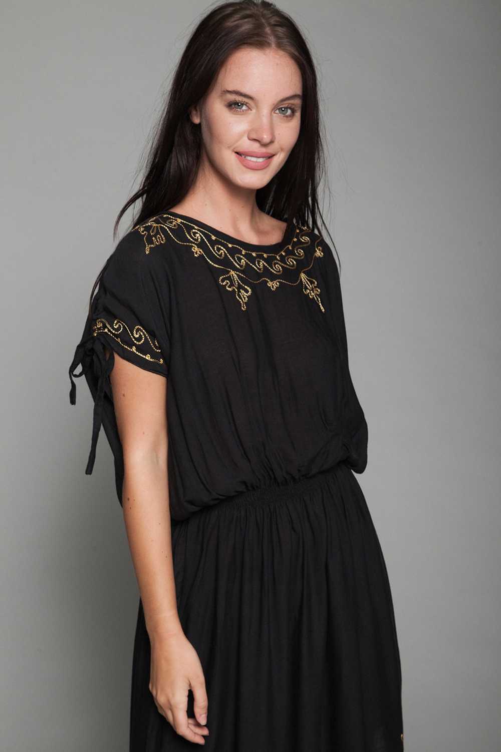 black boho dress gold embroidery slinky ONE SIZE … - image 6