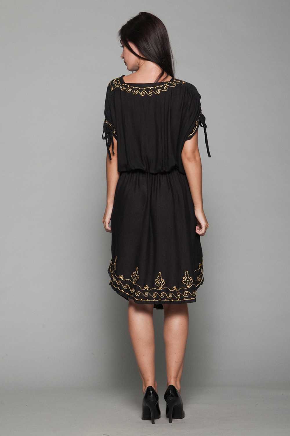 black boho dress gold embroidery slinky ONE SIZE … - image 7