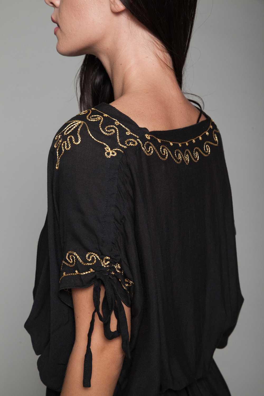 black boho dress gold embroidery slinky ONE SIZE … - image 8