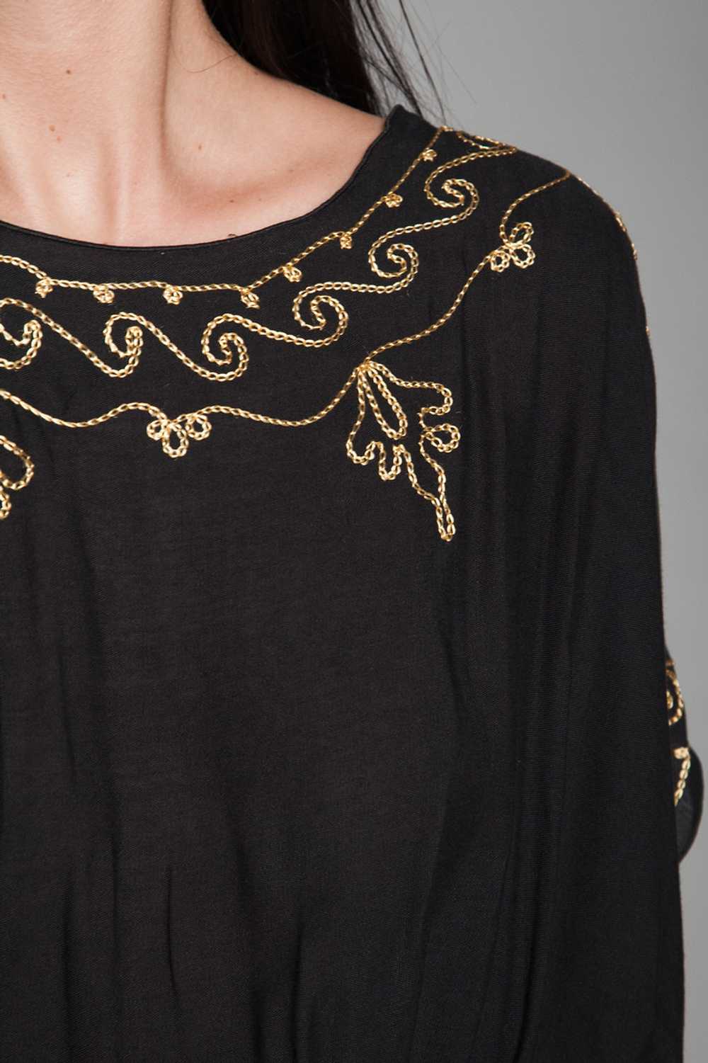 black boho dress gold embroidery slinky ONE SIZE … - image 9