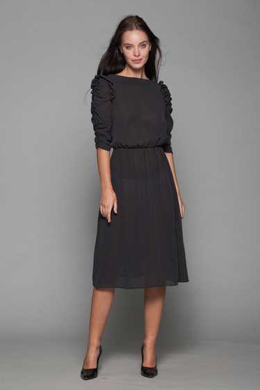 pinstripe sheer dress ruffled ruched sleeves black