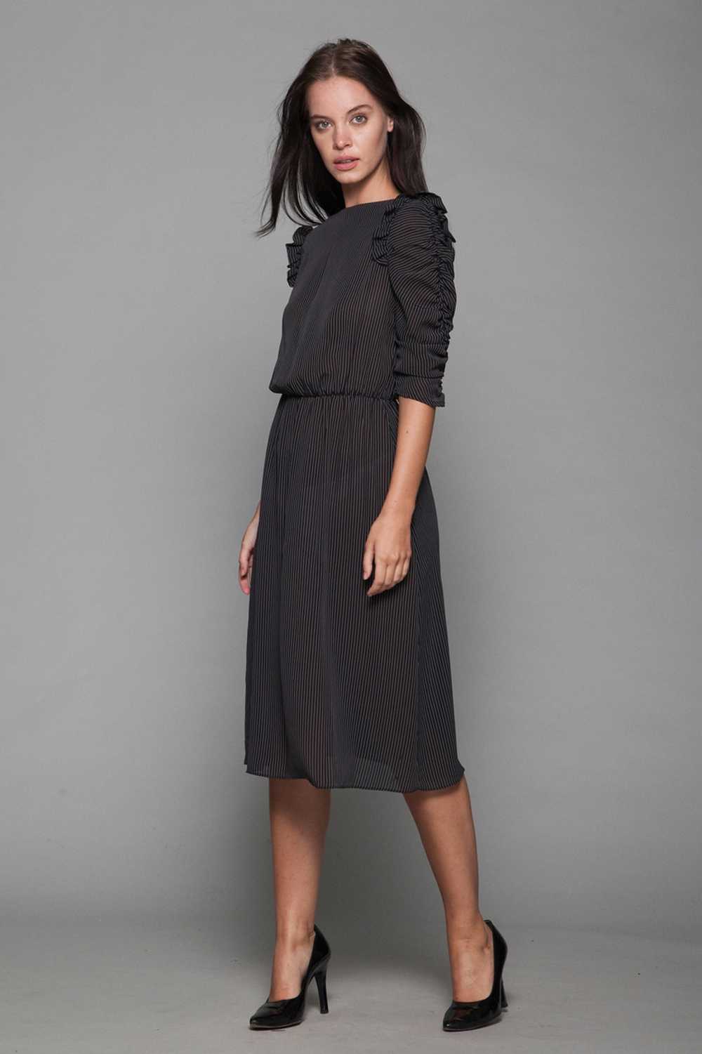 pinstripe sheer dress ruffled ruched sleeves blac… - image 4