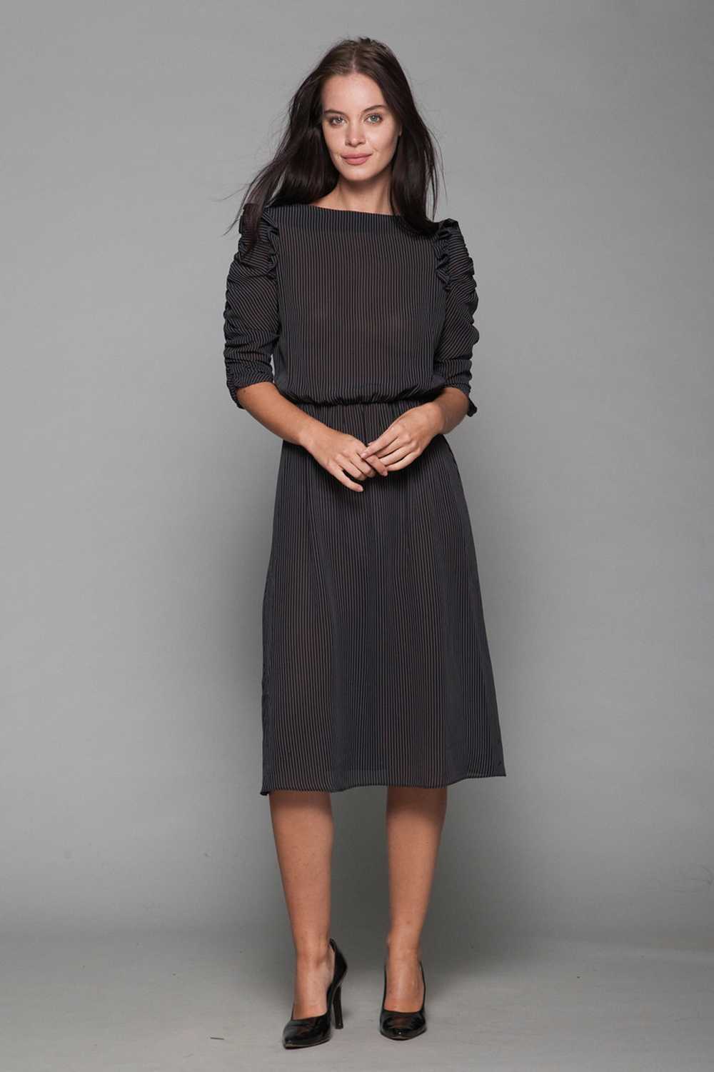 pinstripe sheer dress ruffled ruched sleeves blac… - image 5