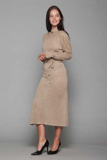 eyelet sweater dress brown knit high neck midi bel