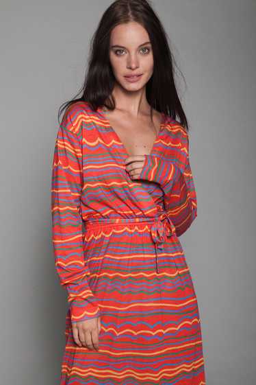 belted faux wrap dress red wavy stripes jersey kni