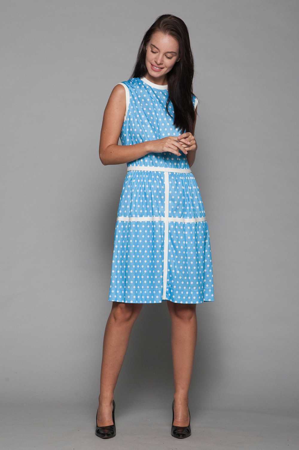 polka dot dress blue white sleeveless vintage 70s… - image 1