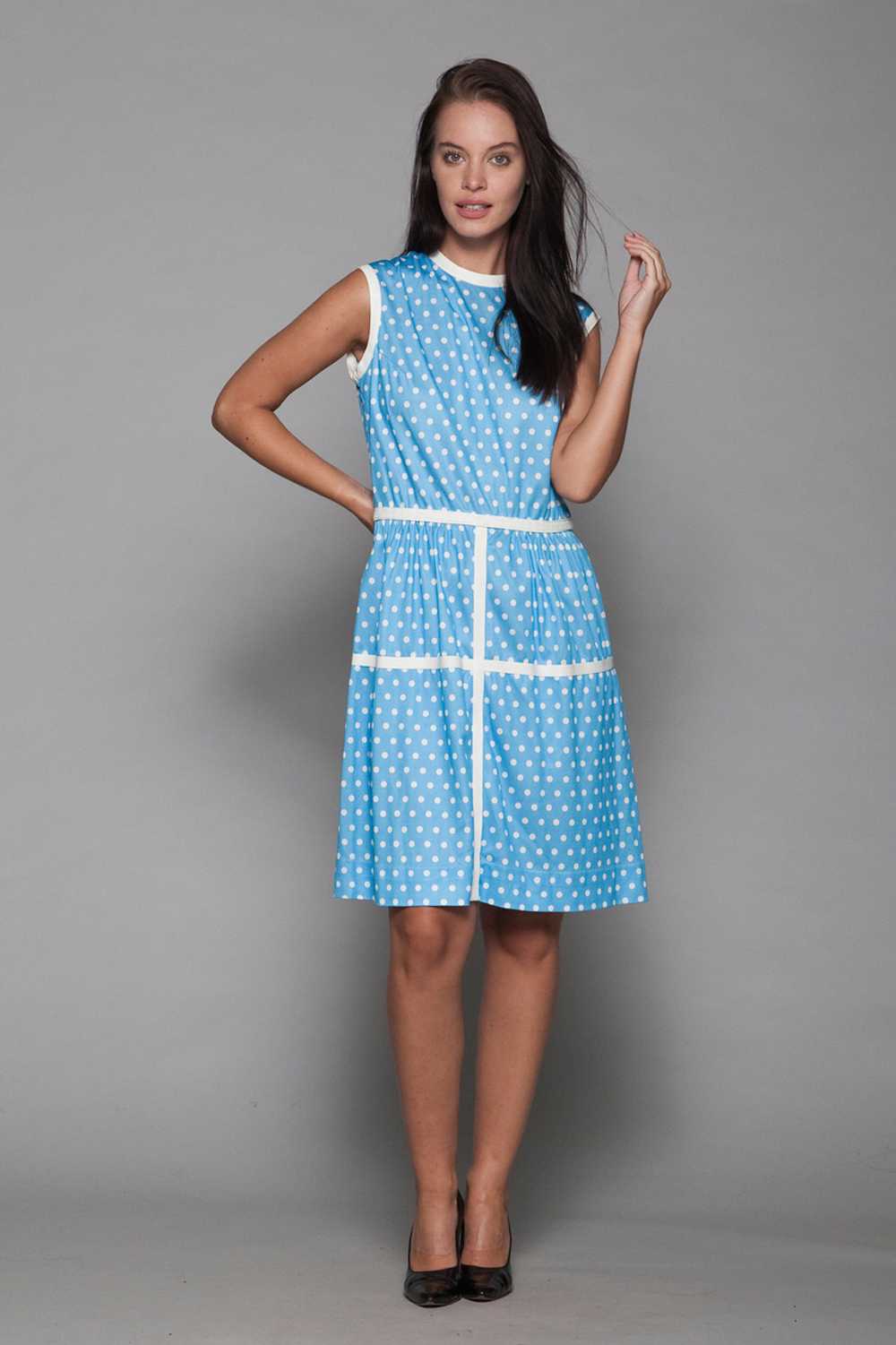 polka dot dress blue white sleeveless vintage 70s… - image 3