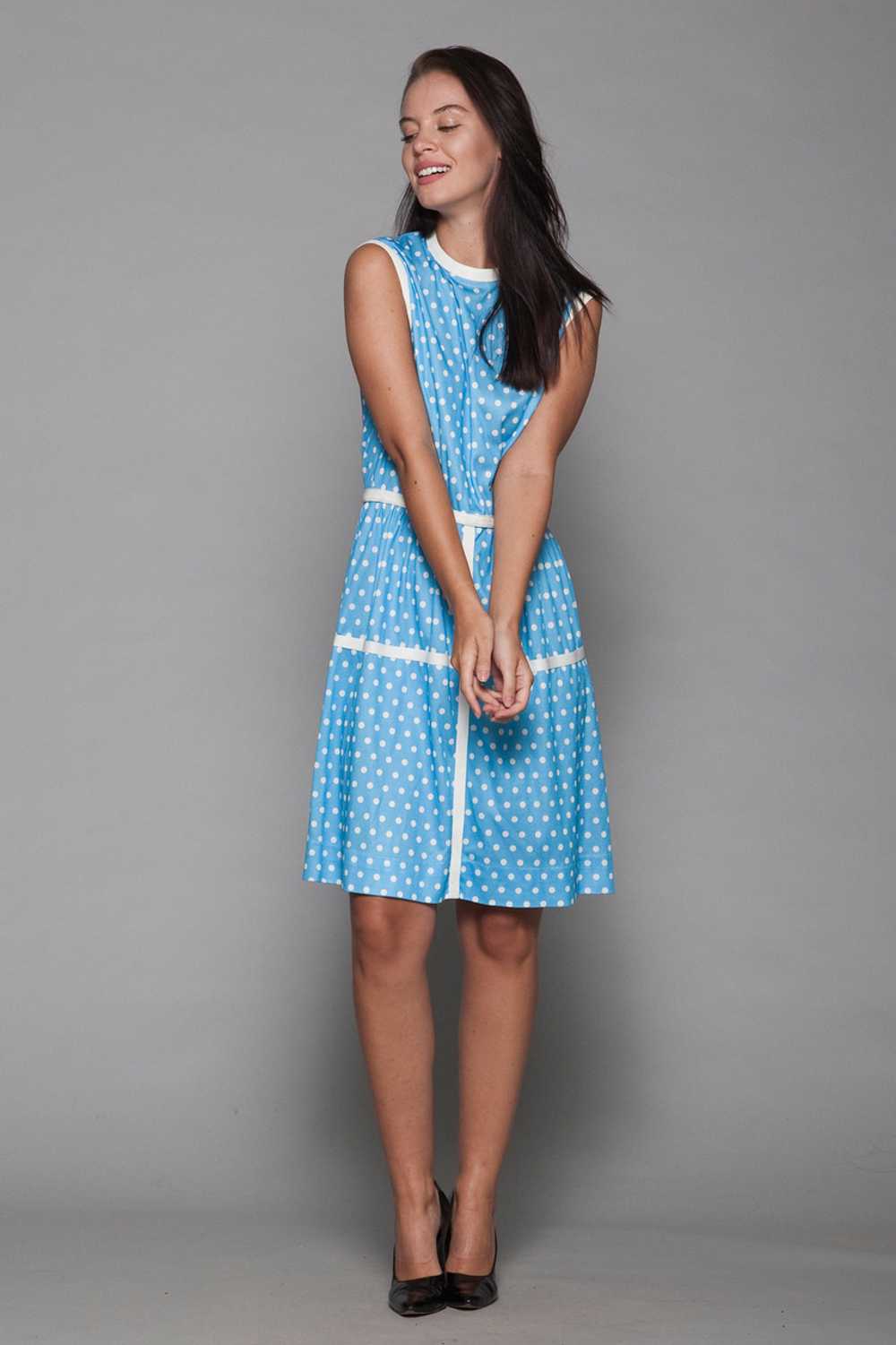 polka dot dress blue white sleeveless vintage 70s… - image 7