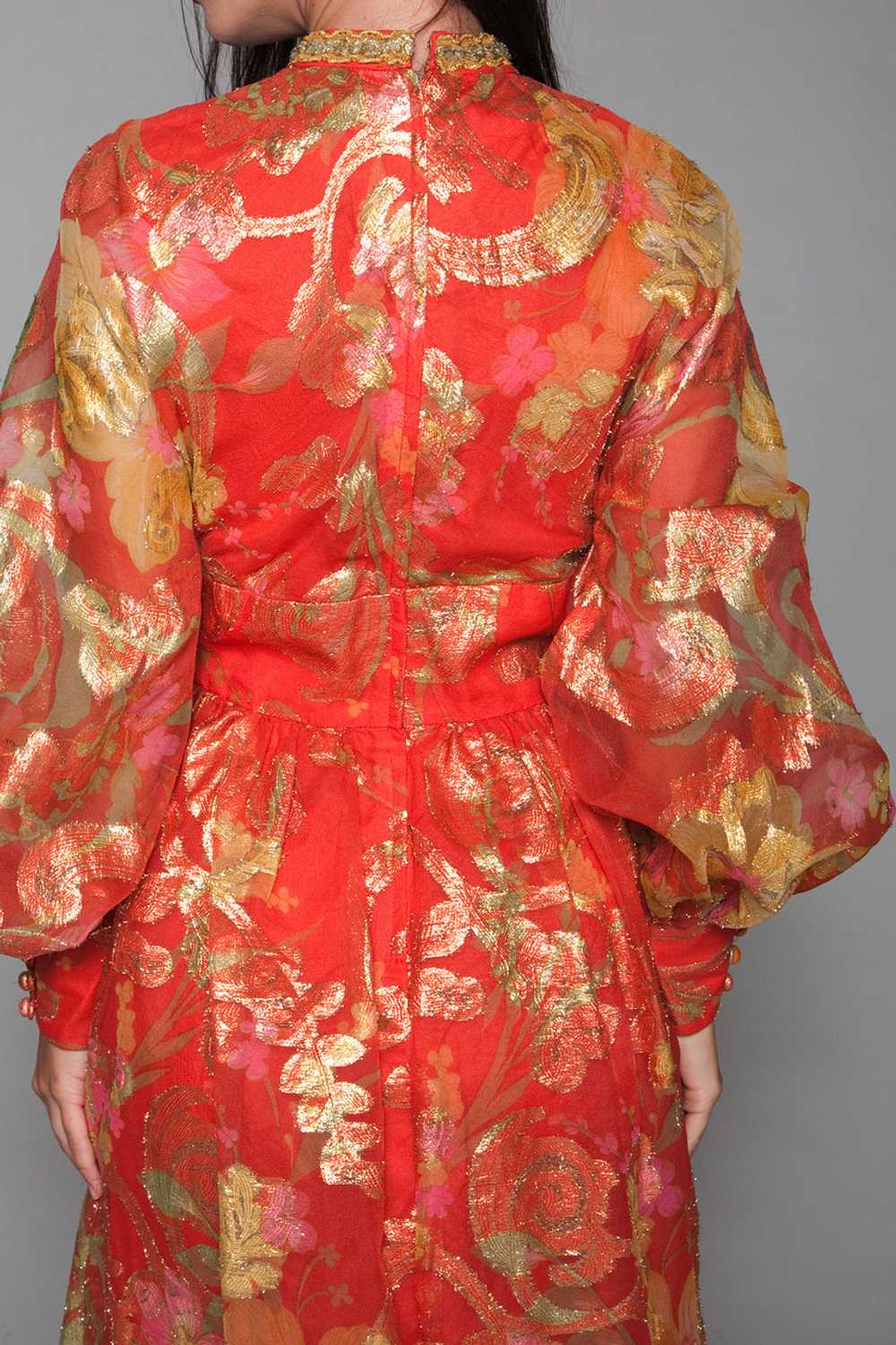 metallic maxi dress red gold lurex floral sheer b… - image 10