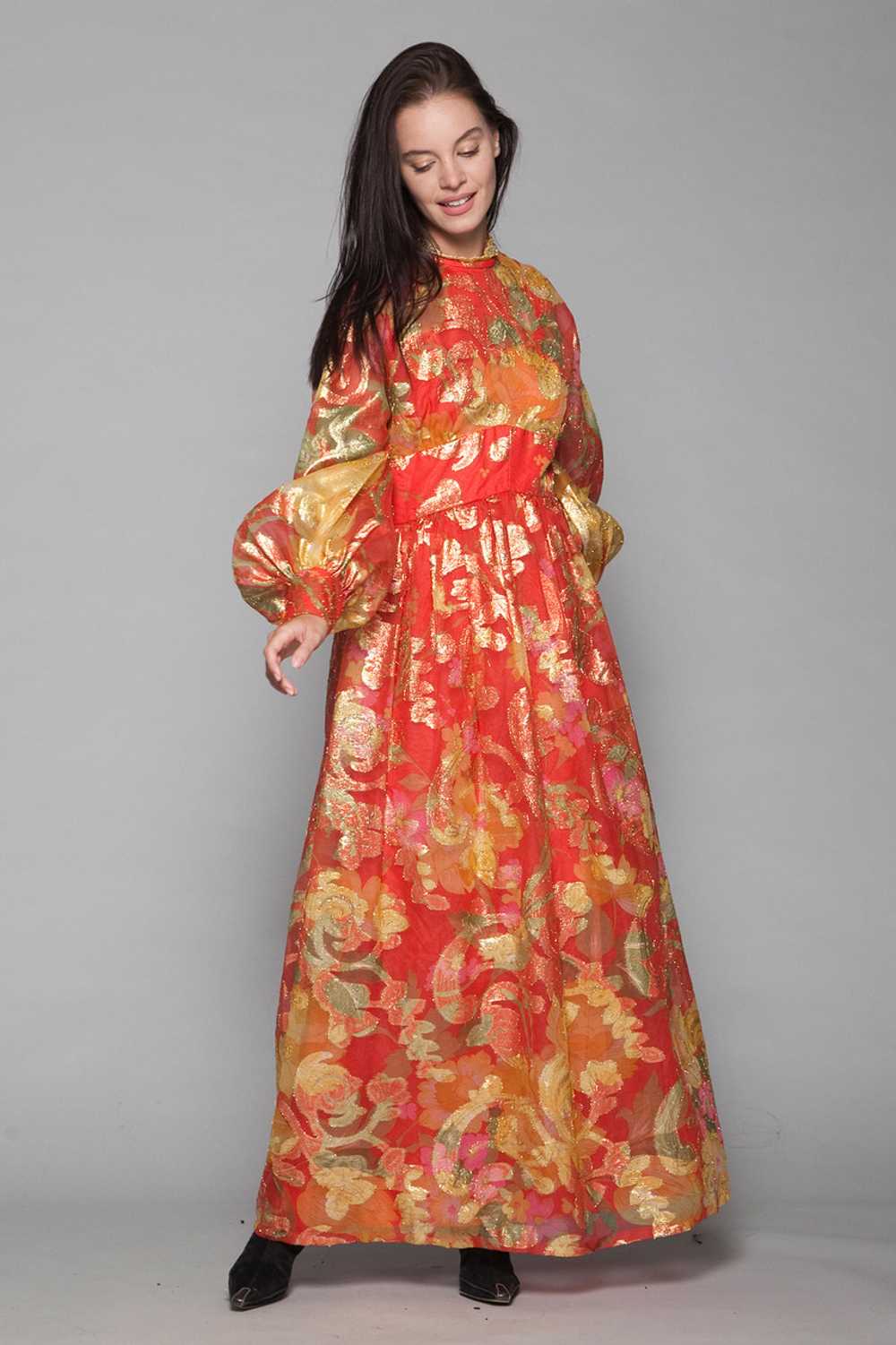 metallic maxi dress red gold lurex floral sheer b… - image 1