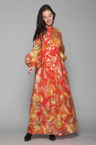 metallic maxi dress red gold lurex floral sheer b… - image 1