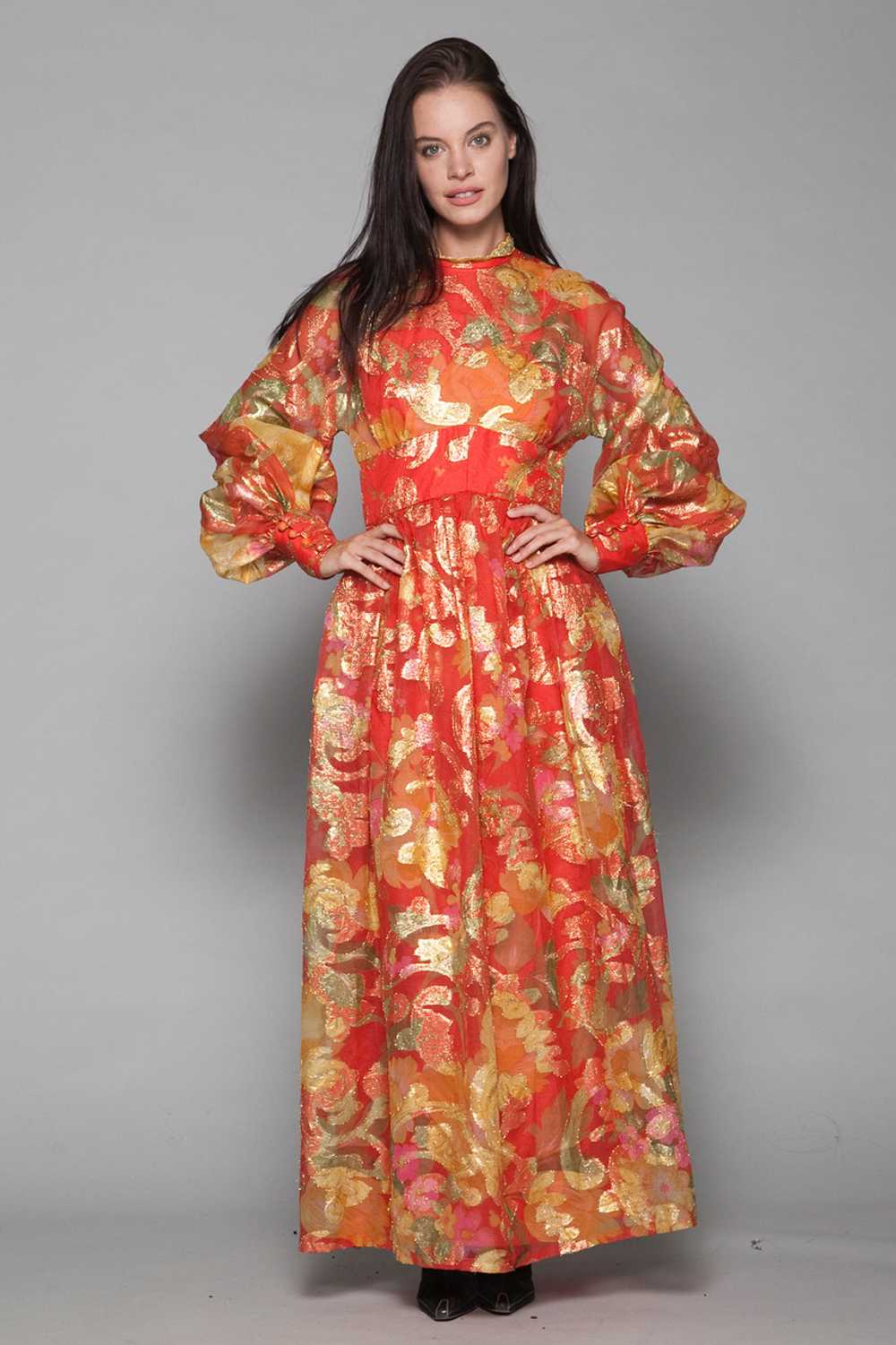 metallic maxi dress red gold lurex floral sheer b… - image 2