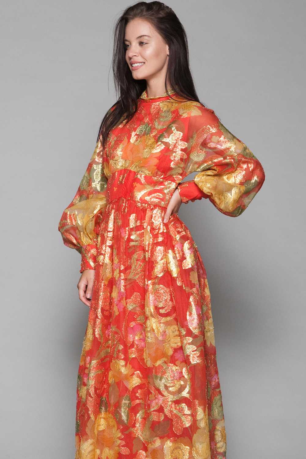 metallic maxi dress red gold lurex floral sheer b… - image 4