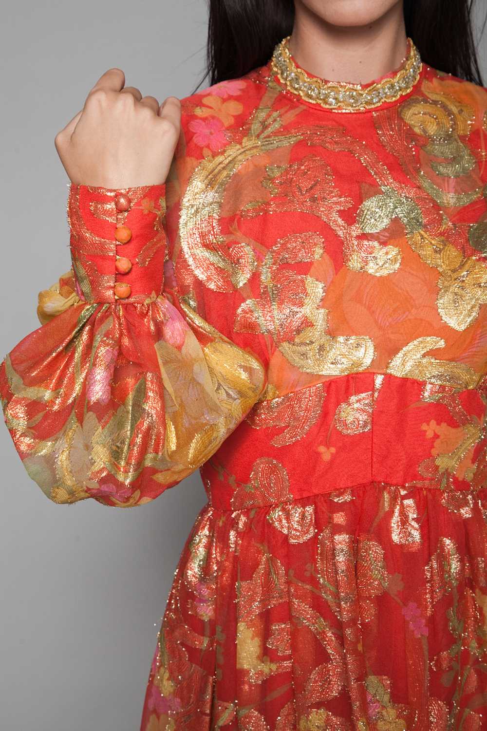 metallic maxi dress red gold lurex floral sheer b… - image 8