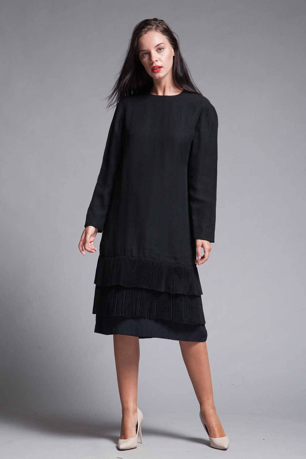 black pleated dress long sleeves sheer flowy vint… - image 1
