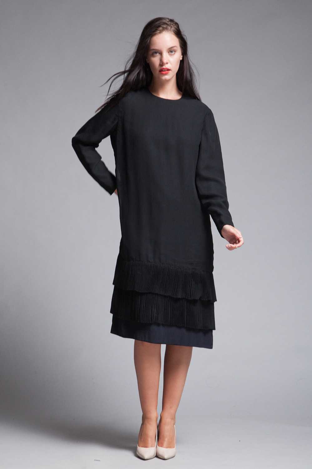 black pleated dress long sleeves sheer flowy vint… - image 2