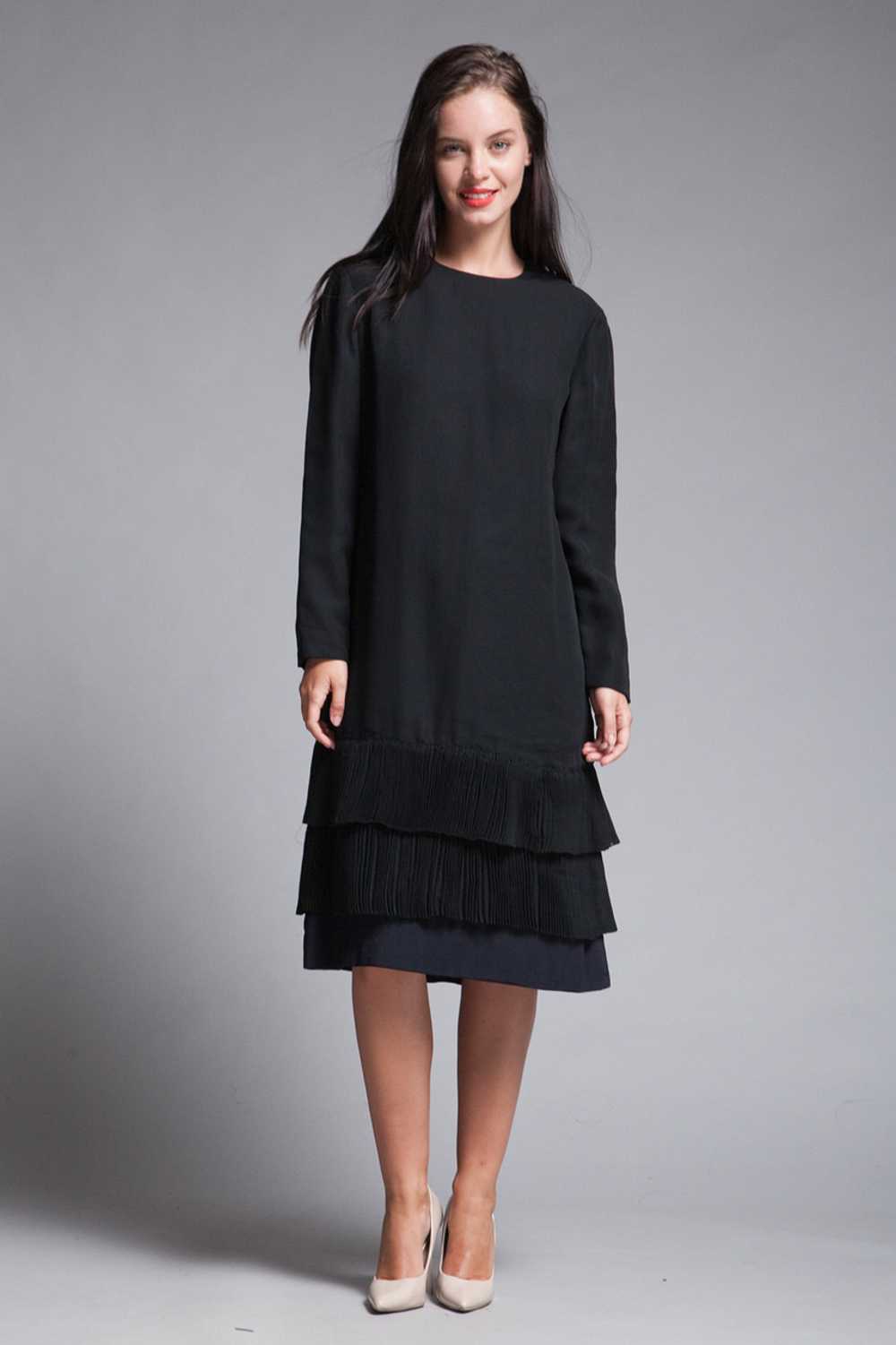 black pleated dress long sleeves sheer flowy vint… - image 3