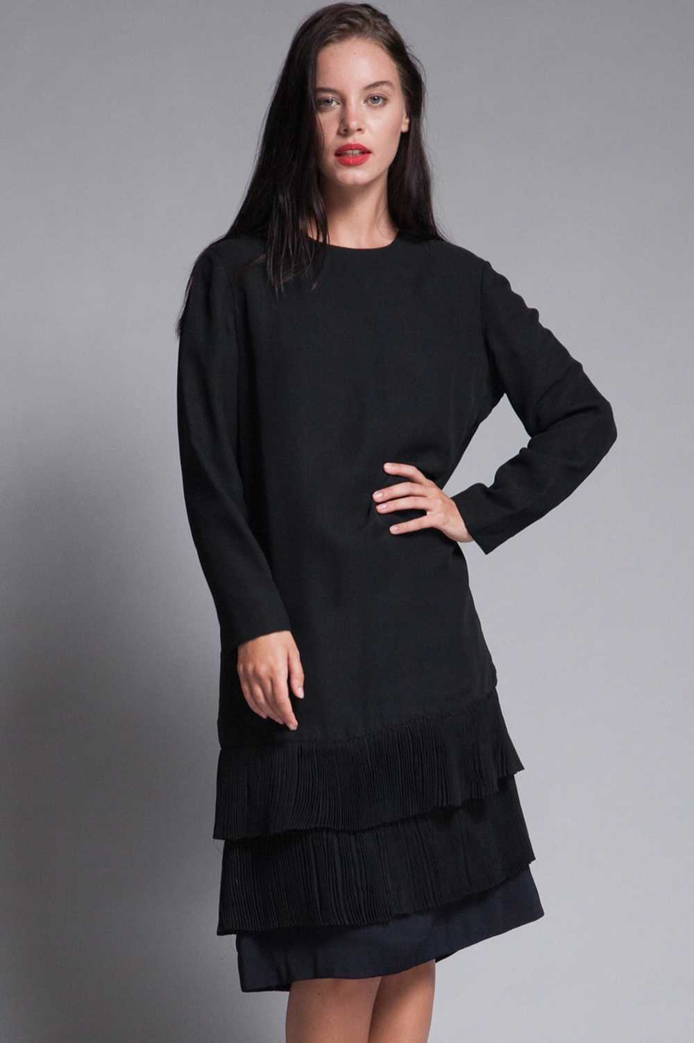 black pleated dress long sleeves sheer flowy vint… - image 4