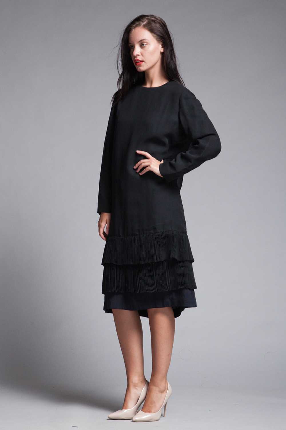 black pleated dress long sleeves sheer flowy vint… - image 5